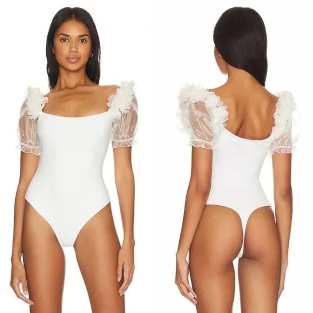Free People Pretty Petals White Organza Puff Sleeves Thong Bodysuit Top Size XS